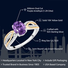 Gem Stone King 8X6MM Oval Gemstone Birthstone and White Lab Grown Diamond Engagement Ring For Women | 925 Sterling Silver and 10K Yellow Gold | Available In Size 5, 6, 7, 8, 9