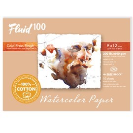 Fluid 100 Watercolor Paper Block, 12 x 16 inches, 10 Sheets, 300 lb (640 GSM) 100% Cotton Cold Press Pad for Artist Painting and Wet Media