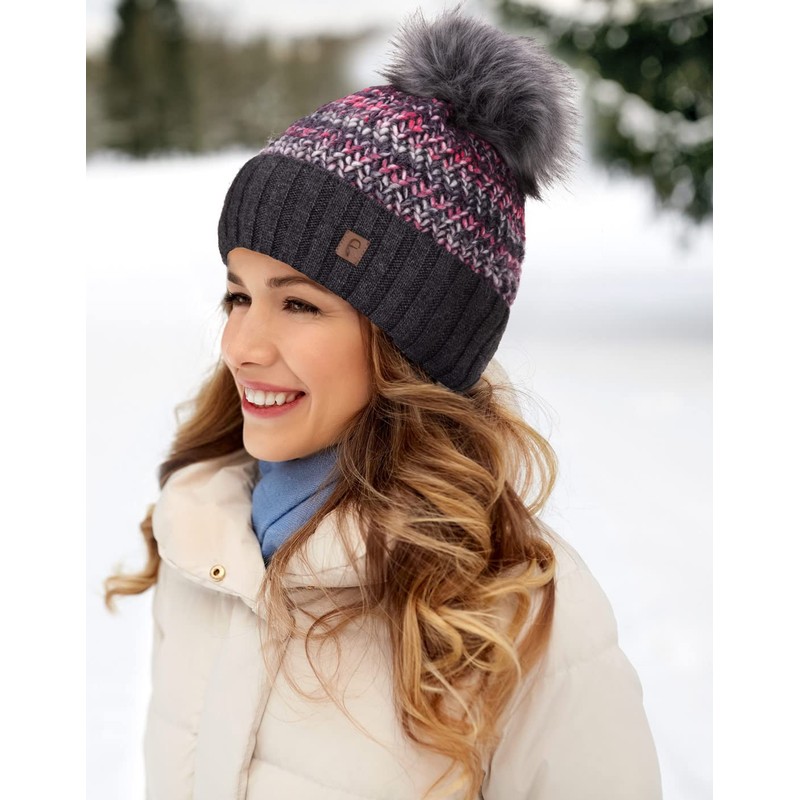 Faera Winter Warm Lined Faux Fur Bobble Hat, Fleece Lining,