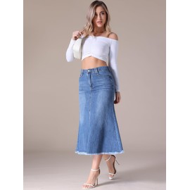 CIMUK Women's Denim Skirts High Waisted A-line Fishtail Long Denim Skirt, blue, L
