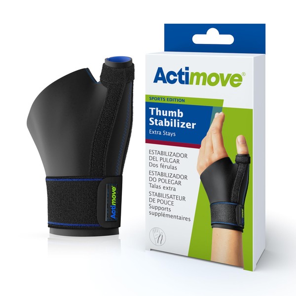 Actimove Sports Edition Thumb Stabilizer with Extra Stays – Sleeve for Pain Management of Strains, Sprains, Inflammation, Thumb Pain & Skier's Thumb – Left/Right Wear - Black, Small/Medium