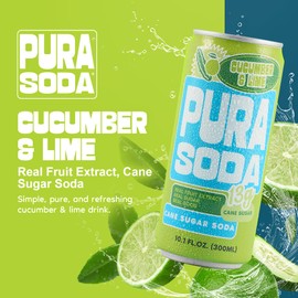 PuraSoda® Cucumber & Lime | Low-Calorie, Cane Sugar Soda Beverage | Non-GMO, Vegan | Made with Pure Cane Sugar, Clean & Refreshing | 10.1 fl oz (300ml) Cans, Pack of 24
