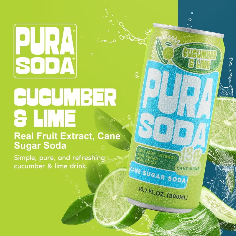 PuraSoda® Cucumber & Lime | Low-Calorie, Cane Sugar Soda Beverage