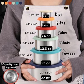 Alpine Elevation 12 Pcs - 6 Stainless Steel Containers + 6 Silicone Lids | 304 Stainless Steel Lunch Container | Nesting Lunch Container | Meal Prep Storage Container | Metal Lunch Container