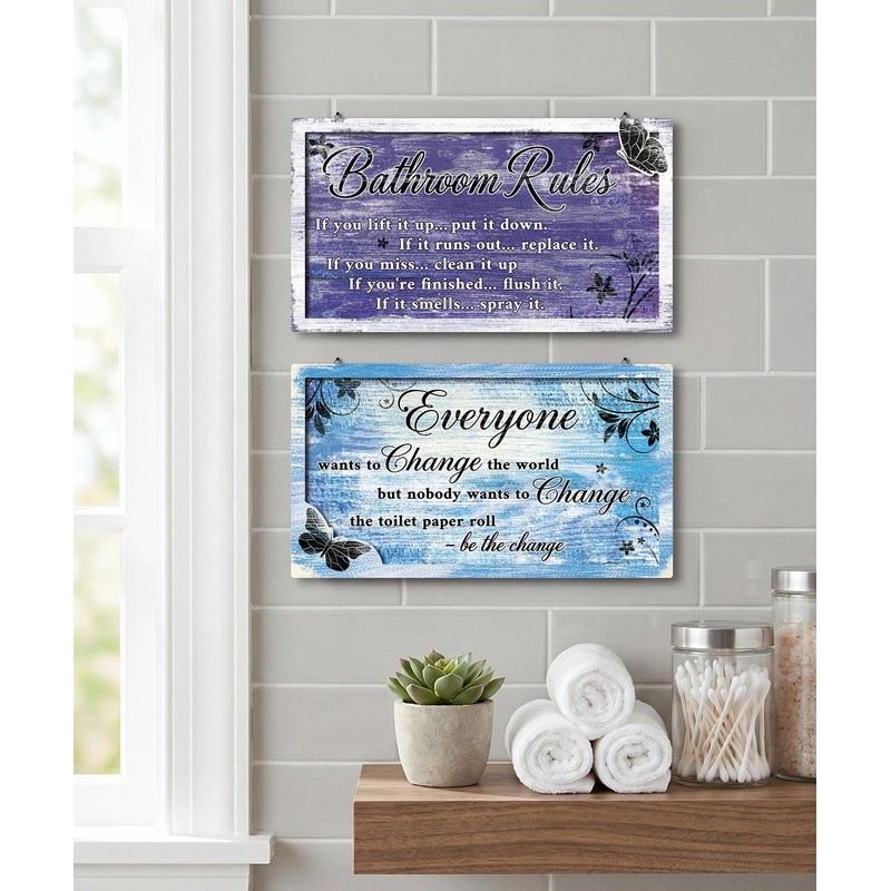 2 Piece Funny Bathroom Rules Wall Art, Rustic Wooden Hanging