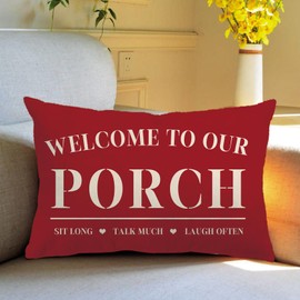7COLORROOM Farmhouse Porch Pillow Cover Double-Sided Printed Welcome to Our Porch Red Rectangular/Waist Cushion Cover Country Rustic Home Decor Pillowcases 12”×20” for Porch Room Couch Sofa Decor(Red