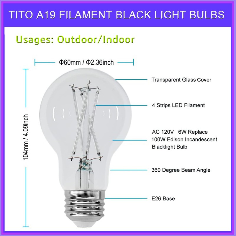 TITO 2 Pack E26 A19 Dimmable Filament LED Black Light