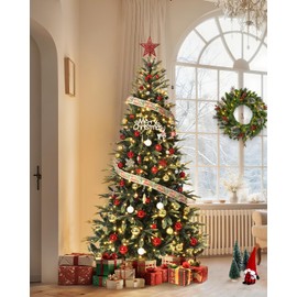 6.5 FT Pre-Lit Pencil Christmas Tree – 300 Warm White Lights, Auto-Hinged Expansion, Foldable Metal Stand, PE & PVC Construction – for Porch, Party, Office, and Home Decor