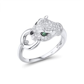 Santuzza Panther Ring 925 Sterling Silver Leopard Rings Cubic Zirconia Green Spinel Jaguar Jewelry (9, White)
