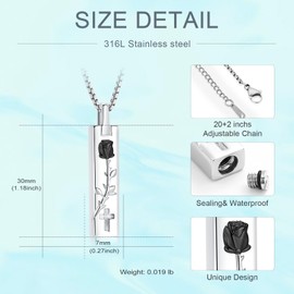 AIWENXI Rose Flower Cremation Jewelry Vertical Bar Ashes Necklaces for Men Women Cremation Memorial Ashes Urn Pendant Keepsakes Jewelry, Stainless Steel, No Gemstone