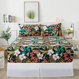 FADFAY Twin Sheets Floral Bed Sheet Set Black and Red Bedding Set, Soft 100% Cotton Flower Printed Leaves Pattern Tropical Countryside Luxurious Deep Pocket Fitted Sheet 17.5 inches 4 Piece, Twin