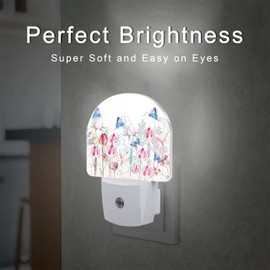 Pink Tulip Flowers and Butterflies Night Light Plug into Wall,Watercolor Spring Floral Dusk to Dawn Night Light Plug in,0.5w Energy Saving Sleep Friendly NightLight for Kids Boys Girls Home Decor
