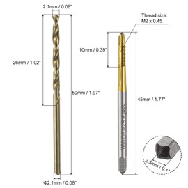 sourcing map Metric Tap & Drill Bit Set, 2pcs M2.5 x 0.45 Spiral Point Thread Taps Titanium Coated and 2pcs 2.1mm Twist Drill Bits Roasted Yellow, Screw Tapping Threading Tools