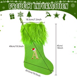 18 Inches Monogram Christmas Stockings Green Knitted Cloth with Faux Fur Hanging Stocking Green Elf Xmas Stocking Decor Treat Bag Candy Pouch Holder Favor for Fireplace Gift Present Xmas Tree Decor