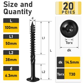 Valorada 20Pcs Wood Screws 6.3 x 100mm, Decking Screw, Black Wood Screws, Heavy Duty Construction Structural Screw, Rust Resistant, Washer Head, Star Drive with Bit