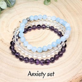 Crgwxzl 3pcs Anxiety Relief Protection Bracelets,Healing Aquamarine Crystal Bracelets for Women Men,Natural Stone Amethyst Clear Crystal Beaded Spiritual Gemstone Jewelry Gifts