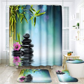 ArtSocket Tower Black Stone Hibiscus Bamboo Bathroom Set with Shower Curtain and Rugs Accessories, Water Beautiful Floral Shower Curtain Set,Tropical Shower Curtain for Bathroom Decor 4 Pcs