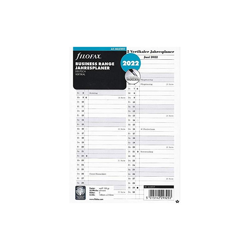 Filofax 2022 A5 Year Planner Folding Calendar Leporello DEU Vertical