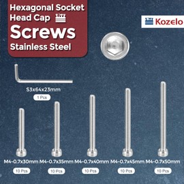 Kozelo 50pcs M4 Socket Head Cap Screws Bolts Nuts Assortment Kit - [M4x30/35/40/45/50mm] 304 Stainless Steel Allen Socket Drive for 3D Printer with Allen Wrench