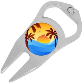 NewCharms Sunset Over Waves Palm Trees Golf Ball Marker Divot Repair Tool Bottle Opener