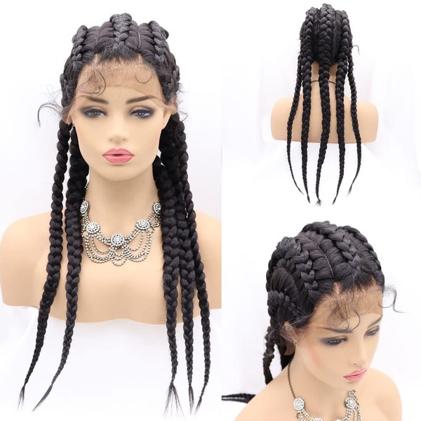 Xiweiya Braided Wig 26 Inches Black 5 Braids Micro Box with Baby Hair Add Hand Crochet for Women Afro Braids