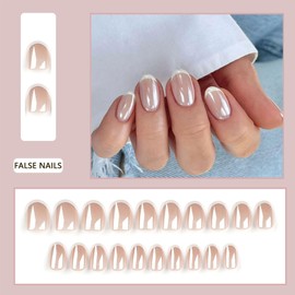 Chrome White French Tip False Nails Almond - Press On Nails Short - Glazed French Tip Fake Nails with Glue - Glossy Acrylic Nails Medium, Natural Pink Stick on Nails for Women Daily Wear