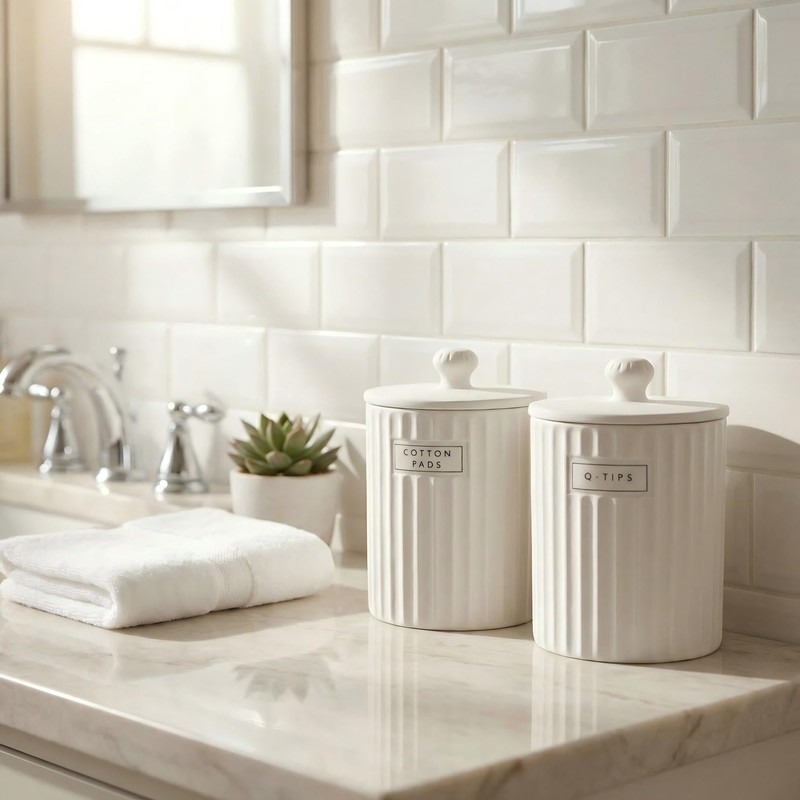 Ronasip White Ceramic Bathroom Organizer and Storage Jars with Lid,