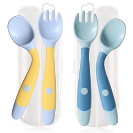 Toddler Spoons and Forks Set Bendable Baby Utensils Set Self-Feeding Silverware for Kids Infants Children with Travel Case Gum Friendly Food Grade Dishwasher Safe(Yellow+Green, 2 Set)