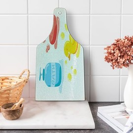 Lunarable Duckies Cutting Board, Stuff for Bathing Pattern Soap Shampoo and Rubber Toy Colorful Doodle, Decorative Tempered Glass Cutting and Serving Board, Wine Bottle Shape, Coral Earth Yellow Blue