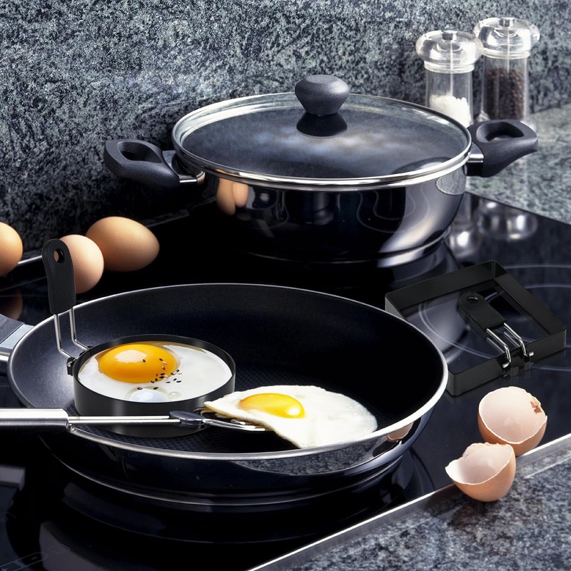 LXLOVESM 2-Pack Round+Square Egg Rings Set with Silicone Handle, Stainless