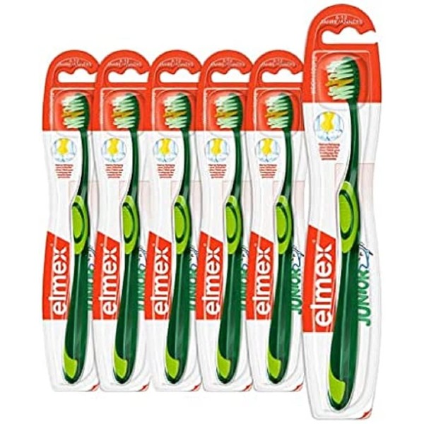 elmex Junior Toothbrush 6 - 12 Years, Pack of 6 - Children's Toothbrush, Soft, Rounded Bristles for Brushing Teeth While Changing Teeth