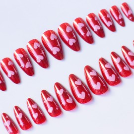24Pcs Valentine's Day Press on Nails Medium Length Dark Wine Red Fake Nails with Pink Heart Design Shiny Star Glossy False Nails Red Solid Color Natural Acrylic Nails DIY Nail Decorations for Women