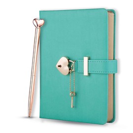 Poshieca Heart Shaped Lock Diary with Key PU Leather Cover Journal Personal Organizers Secret Notebook for Girls & Women B6 Size 5.3x7inch Diary with Rose Gold Metal Ballpoint Pen (Green with Pen)