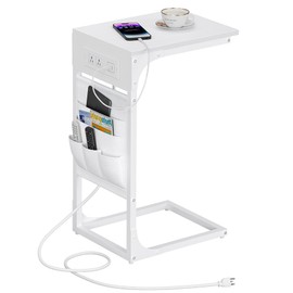 TUTOTAK C Shaped End Table with Charging Station, Side Table for Sofa, Couch Table with Storage Bag, TV Tray Table with 2 USB Ports and Outlets for Living Room, Bedroom, White TB01BW024