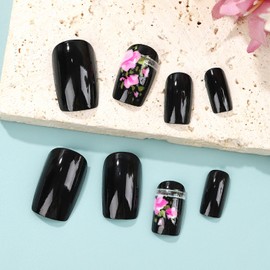 Flower Press on Nails Medium Square Artificial Acrylic Fake Nails Pink Floral Pattern Design Black Glossy Stick on Nail Full Cover Reusable Coffin Artificial Fingernails Glue on Nail for Women 24Pcs
