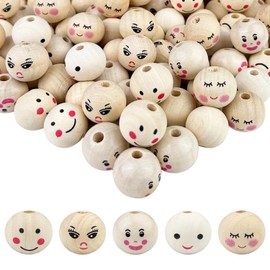 Fervalyna Pack of 150 Wooden Beads with Face, Wooden Balls with Hole, Natural Wooden Heads Smile, Wooden Ball Beads for DIY Decorations, Jewellery, Worry Worms, Lucky Worms, Accessories, (5 Styles, 20