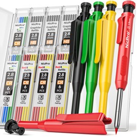 Nicpro 4 Pack Carpenter Pencil with Sharpener & Cap, Mechanical Carpenter Pencils Set with 52 Refill, Deep Hole Marker Woodworking Pencils, Heavy Duty Construction Pencils for Architect-With Case