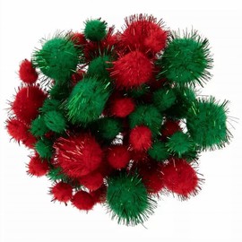 100 Pieces Red and Green Tinsel Christmas Pompoms for Holiday Craft Art Supply