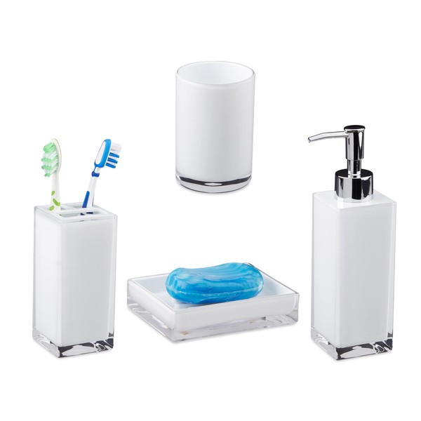 Relaxdays Badaccessoires Set 4-teilig, modern, Zahnputzbecher, Zahnbürstenhalter, Seifenspender, Seifenschale, weiß,