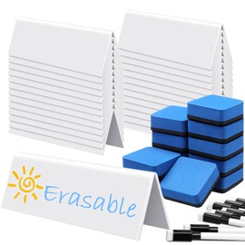 Seajan 24 Sets Reusable Name Tent Cards with Black Dry Erase Markers and Eraser Dry Erase Name Tents for Meetings White Name Plate for Weddings Classroom Office, 8.66 x 1.97 x 2.76 Inch