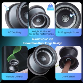 MAGICYOYO V13 Bi-Material Yoyo for Kids 8-12, Dual-Function Yoyo Professional for Responsive and Unresponsive Yo-yo Tricks with 12 Yoyos Strings, Blue Finger Brace, Bearing Kit (Grey+Black Rings)