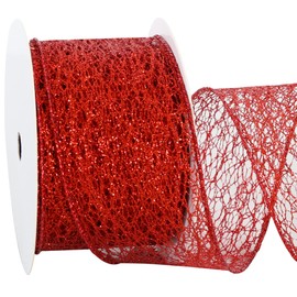 RIBBOOO Red Glitter Mesh Wired Ribbon, 2.5 Inch 10 Yards Sparkling Fabric Ribbon for Wreath Bow Making, Gift Wrapping, Wedding, Christmas Tree Decoration