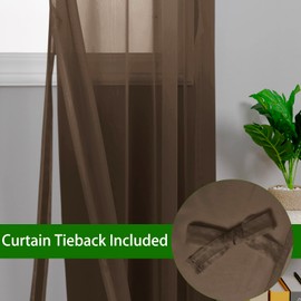 Hiasan Brown Sheer Curtains for Bedroom with Tiebacks, Lightweight Airy Breathable Voile Drapes Light Filtering Rod Pocket Window Curtains for Living Room, Nursery, W52 x L72, 2 Soft Panels