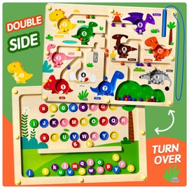 Ppotyo 2 in 1 Magnetic Color and Number Maze Double-Sided ABC Alphabet Board Magenet Dinosaur Maze Preschool Montessori Education Toys (Dinosaur, Wood)