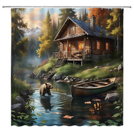 WANVYON Rustic Bear Shower Curtain Cabin Lodge Wild Animal Mountain Forest Country Nature Landscape Bathroom Decor Polyester Curtains with Hooks