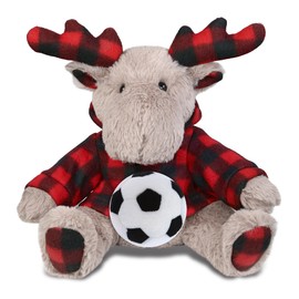 DolliBu Plaid Beige Moose with Hoodie Stuffed Animal with Soccer Ball Plush - Huggable Moose Playtime Plush Toy, Cute Wild Life Gift, Super Soft Stuffed Doll Animal Toy for Kids, Adults - 10 Inches