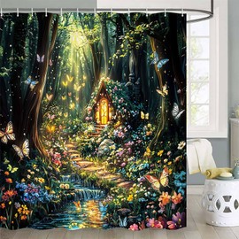 Coveimes Fantasy Forest Path Shower Curtain Beautiful Wonderland Rainforest Floral Garden Butterfly Plant Bathroom Decor Polyester Fabric Bathroom Curtain with Hooks 72X72