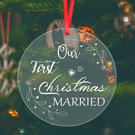 Our First Christmas Married Ornament 2024, 1st Engagement Gifts for Couples Crystal Wedding Shower Xmas Gifts Clear Hanging Decoration for Mr and Mrs Newlyweds (Style 1)