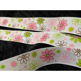1" pink green brown Flower grosgrain RIBBON 1 yard party wedding bday decoration