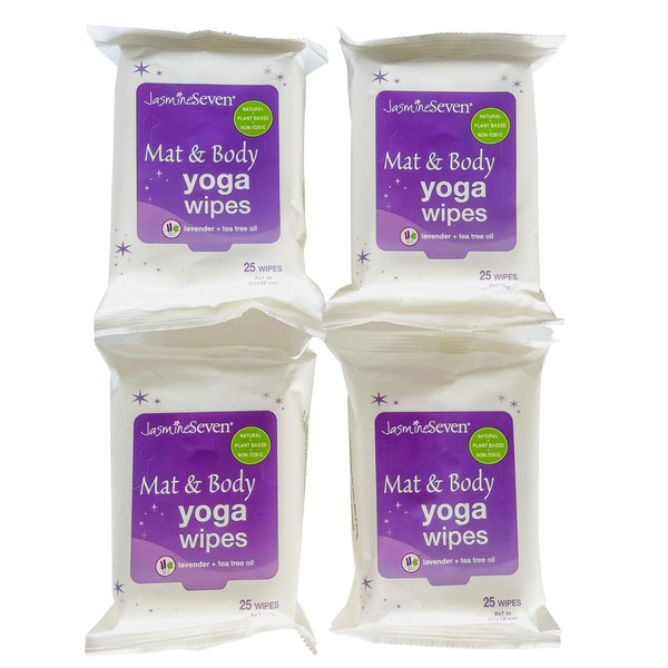 Yoga Mat Wipes for Mat and Body – Natural Lavender and Tea Tree – Set of 4 (25 wipes per pack) = 100 wipes - by Jasmine Seven – for Home, Studio, Gym, Travel - NEW!